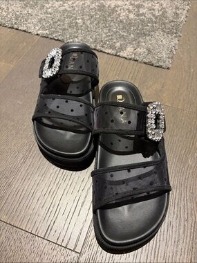 Black Polka Dot Slide Sandals with Crystal Buckles